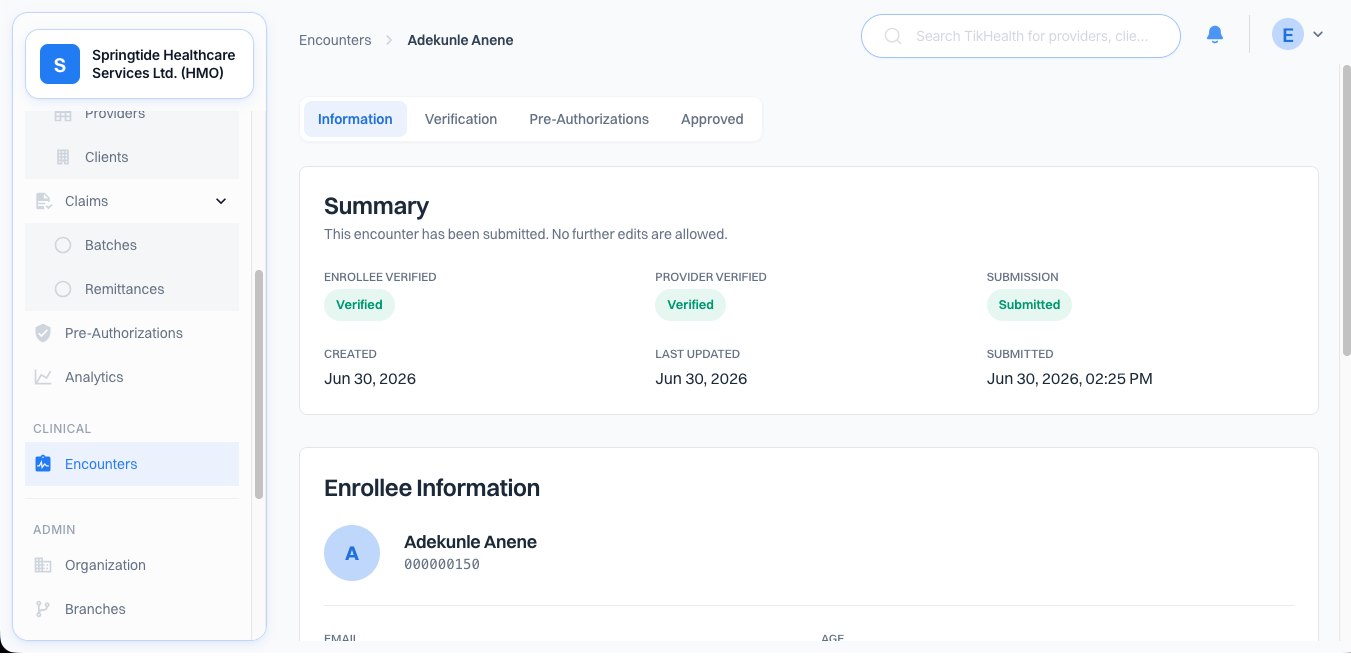 Encounter detail with information, verification, and pre-authorizations tabs