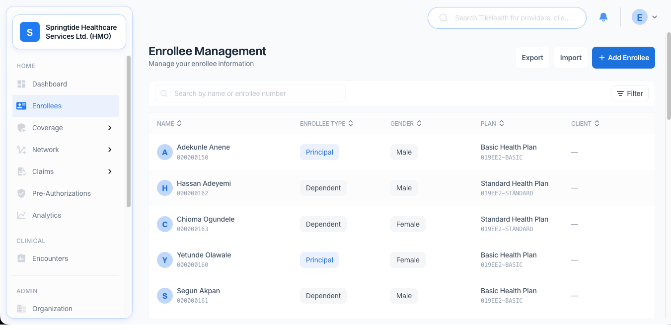 Enrollee Management: enrollees, dependents, plan assignment