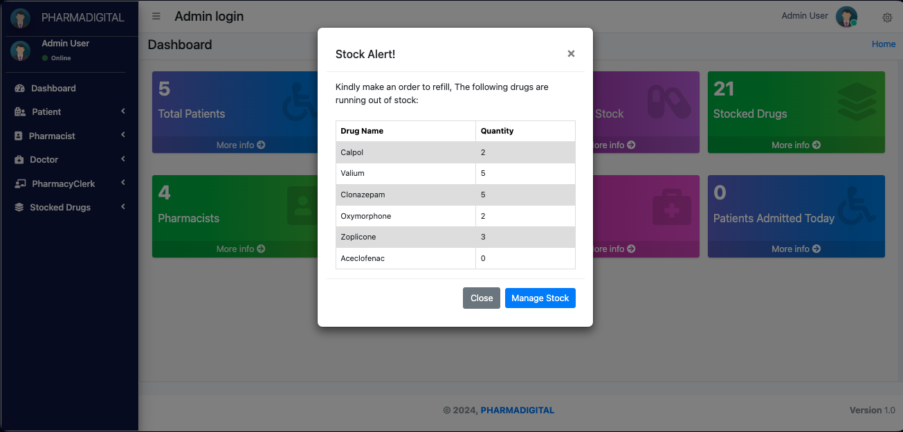 Admin dashboard with a low-stock alert